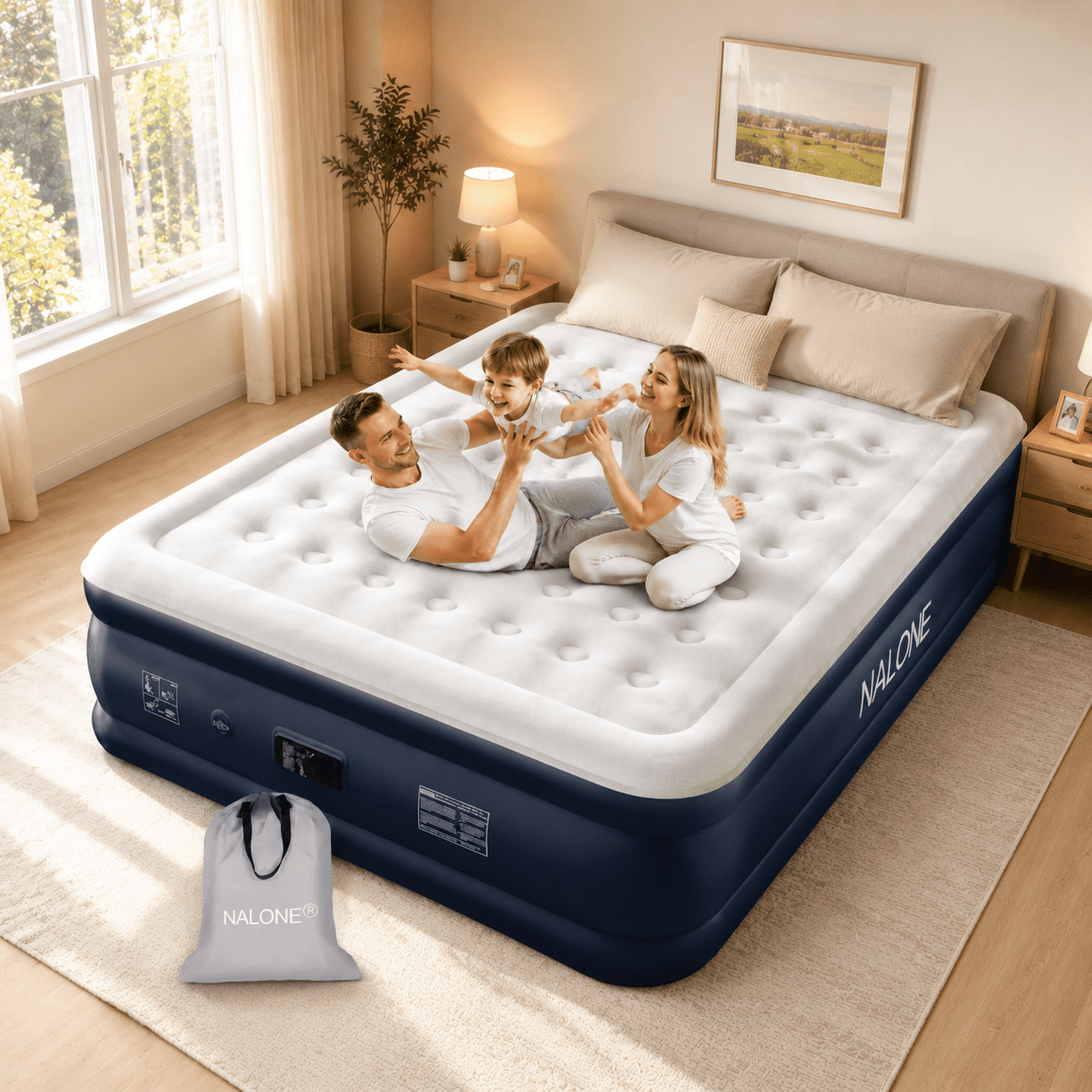 Nalone Queen Air Mattress with Built in Pump, 18-Inch Elevated Inflatable Bed Blow Up Mattress, Puncture-Resistant, Quick Inflation/Deflation, Portable for Camping & Trip & Home