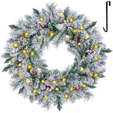 NALONE 24 Inch Snow-Kissed Christmas Wreath, Pre-Lit Artificial Christmas Wreaths with 40 LED Lights&Timer, Pine Cones and Pine Needles, Xmas Wreath for Front Door (Flocked)