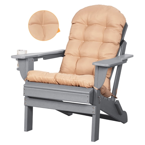 Nalone Folding Adirondack Chair with Cushion with Cup Holder, HDPE Plastic Oversized Patio Chair Weather Resistant(Gray)