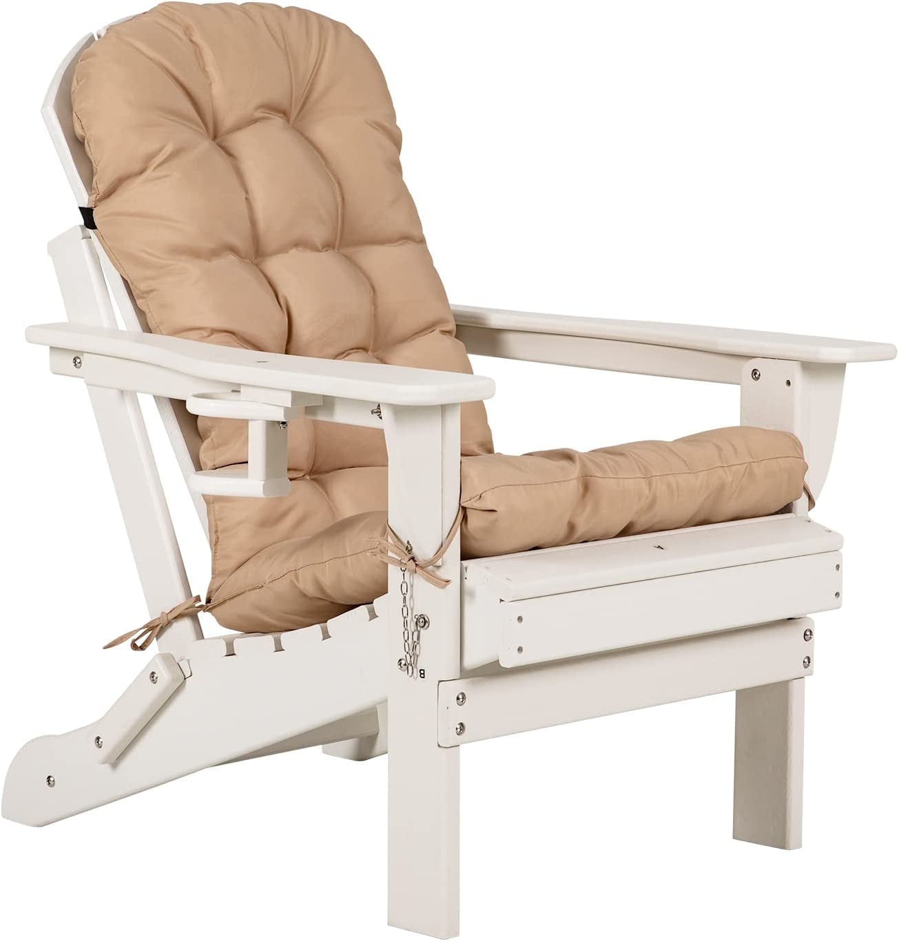 White HDPE Folding Adirondack Chair with Beige Cushions