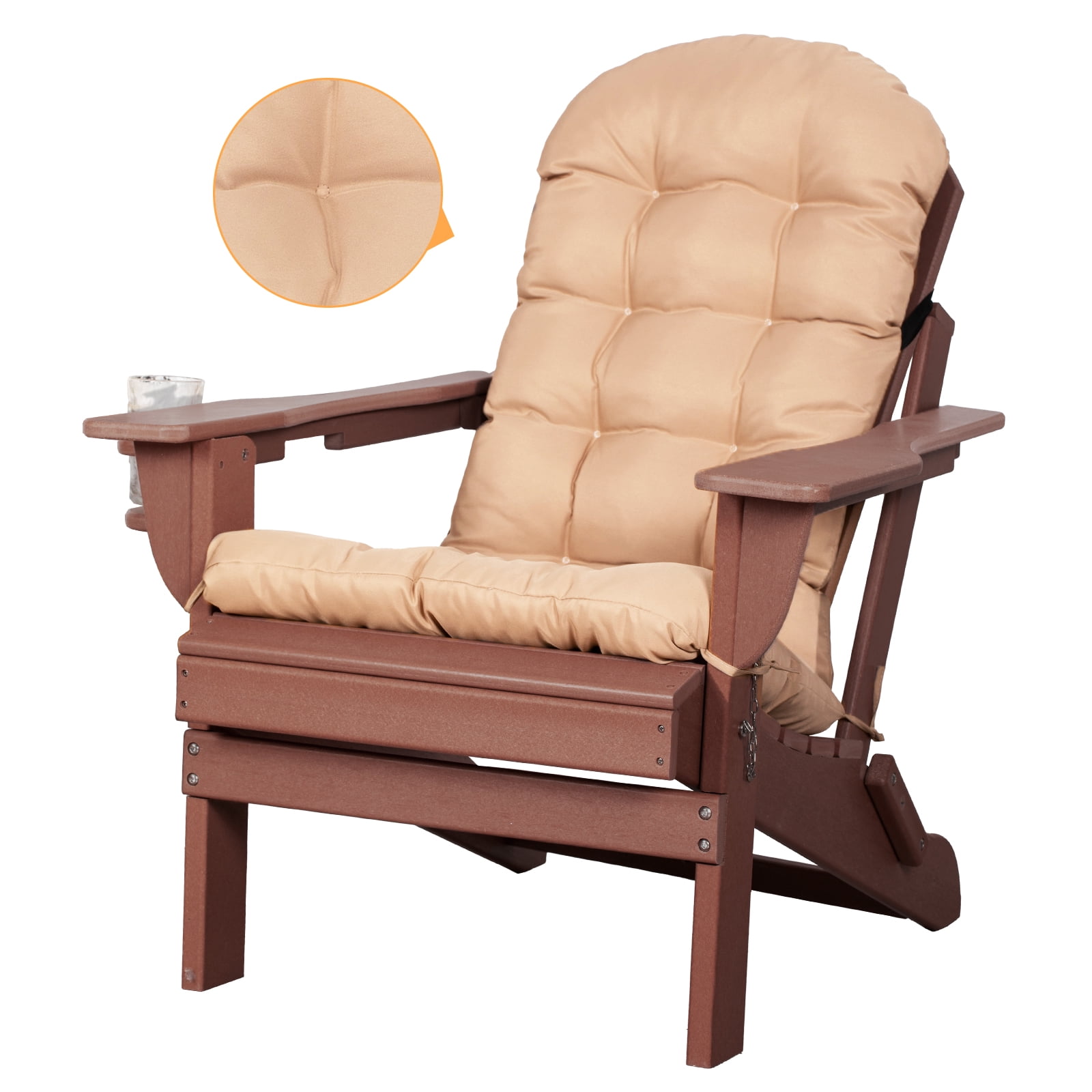 Nalone Folding Adirondack Chair with Cushion with Cup Holder, HDPE Plastic Oversized Patio Chair Weather Resistant(Wood)