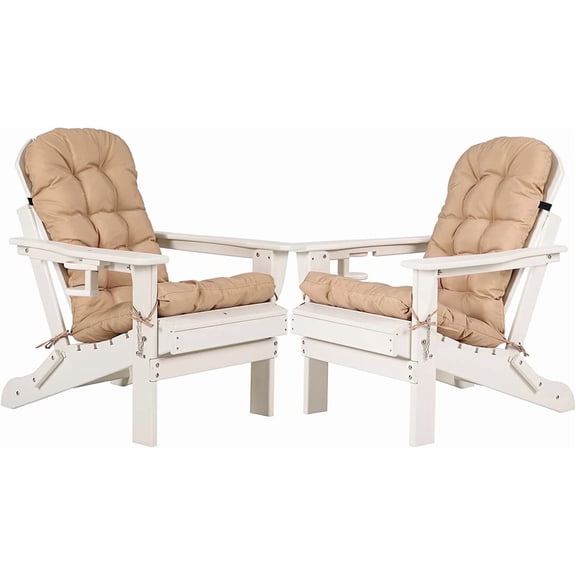 Nalone Folding Adirondack Chairs Set of 2, HDPE Oversized Patio Chairs with Cup Holder and Cushion, Weather Resistant for Garden, Deck, Fire Pit and Campfire(White)