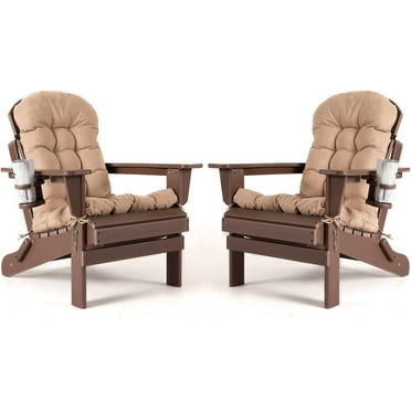 Nalone Folding Adirondack Chairs set of 2 with Cushion with Cup Holder, HDPE Plastic Oversized Patio Chair Weather Resistant(Wood)