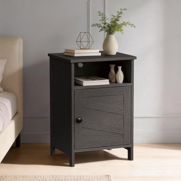 Nalone Home Nightstand, Bedside End Tables Night Stand with Charging Station and Storage Shelves, Modern Wood Side Table for Bedroom and Living Room, Black