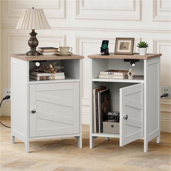 Nalone Home Nightstand Set of 2, Bedside End Tables Night Stand with Charging Station and Storage Shelves, Modern Wood Side Table for Bedroom and Living Room, White