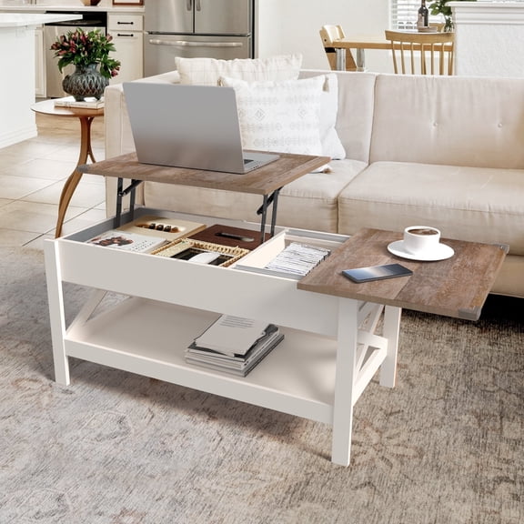 Nalone Coffee Table Lift Top Dining Table with Shelf, Center Table Adjustable Height Tea Tables Wooden Center Tables with Hidden Compartments for Living Room Apartments(Beige Brown)