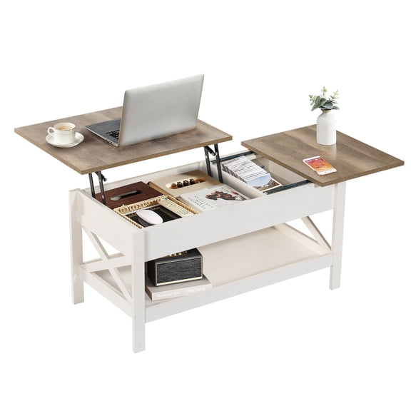 Nalone Lift Top Coffee Table, Farmhouse Wooden Coffee Table with Storage, Center Table for Living Room, Adjustable Lift Up Coffee Table with Hidden Compartment & Open Shelf, Rustic Brown