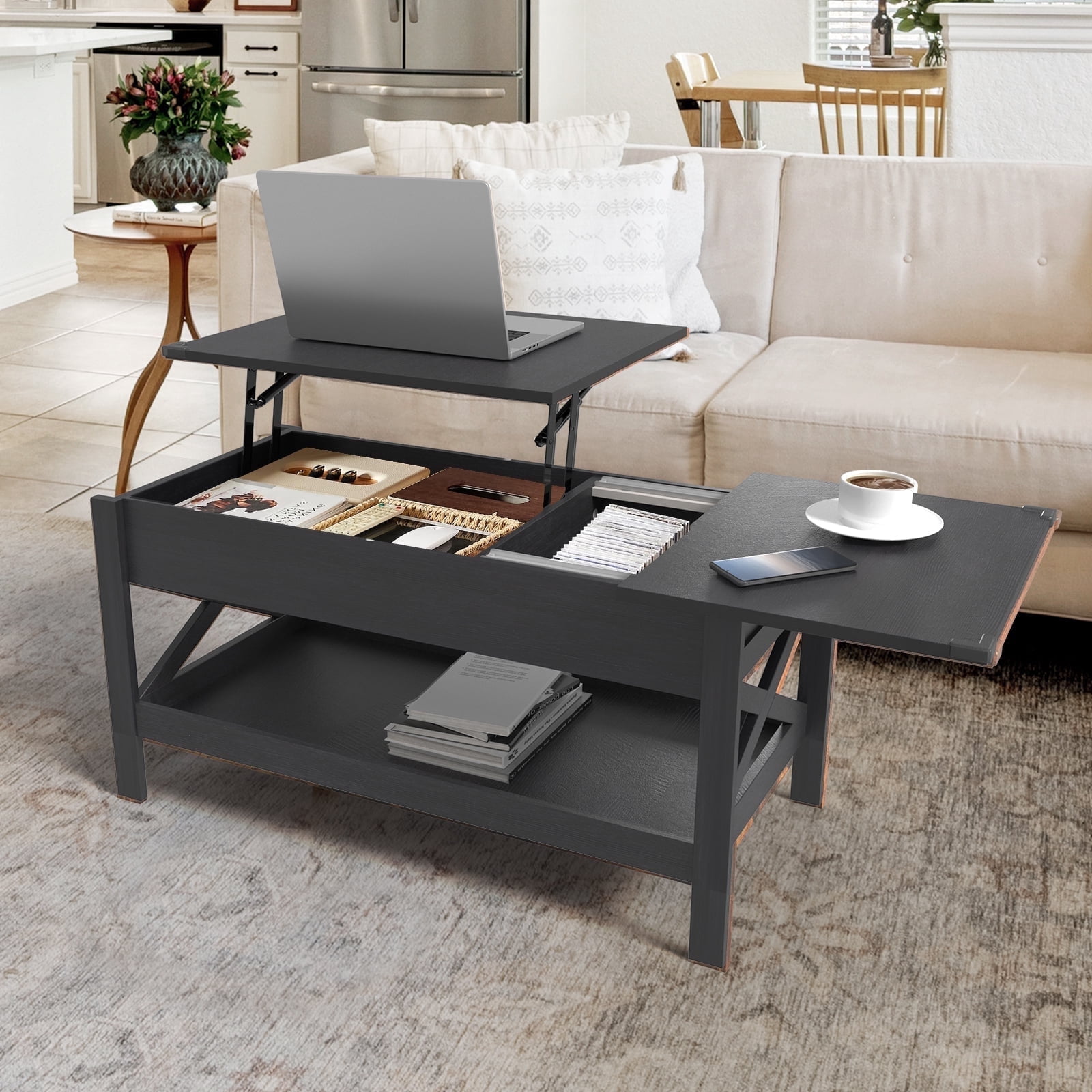 Nalone Coffee Table Lift Top Dining Table with Shelf, Center Table Adjustable Height Tea Tables Wooden Center Tables with Hidden Compartments for Living Room Apartments(Black)