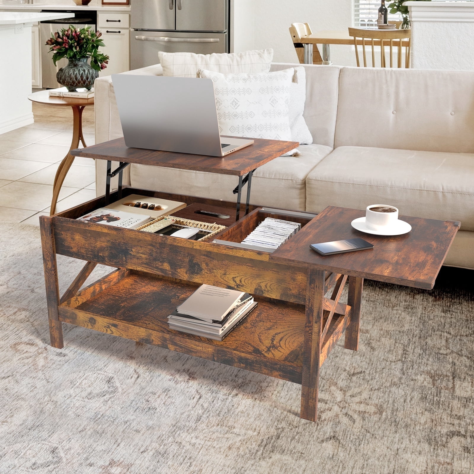 Nalone Coffee Table Lift Top Dining Table with Shelf, Center Table Adjustable Height Tea Tables Wooden Center Tables with Hidden Compartments for Living Room Apartments(Rustic Brown)