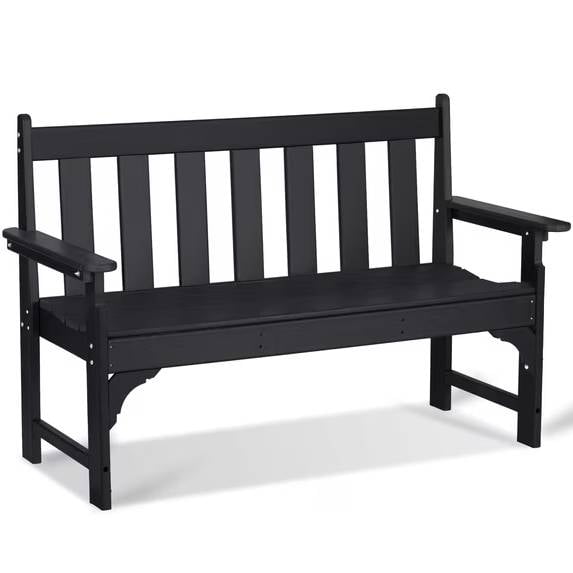 NALONE Outdoor Bench, 48 Inch HDPE Patio Bench with Armrest, Weatherproof Garden Park Bench for Front Porch, Deck, Backyard, Black