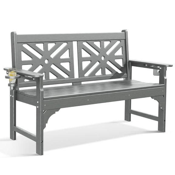 Nalone Outdoor Bench with Cup Holders, HDPE All Weather Porch Bench 800 Lbs, 2-Person Garden Benches Rot-Proof Fade Proof for Patio, Porch, and Park(Gray)