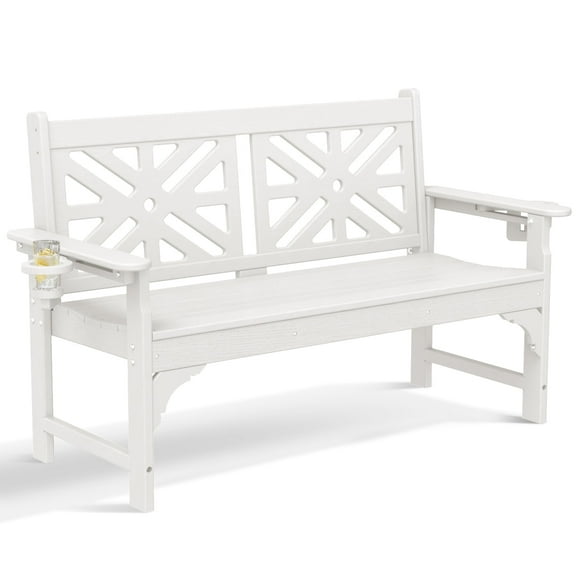 Nalone Outdoor Bench with Cup Holders, HDPE All Weather Porch Bench 800 Lbs, 2-Person Garden Benches Rot-Proof Fade Proof for Patio, Porch, and Park(White)