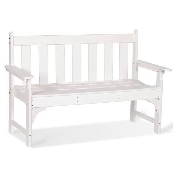 NALONE Outdoor Bench, 48 Inch HDPE Patio Bench with Armrest, Weatherproof Garden Park Bench for Front Porch, Deck, Backyard, White