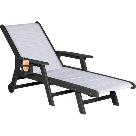 Nalone Outdoor Chaise Lounge Chair with Textilene Surface, 5-Position Adjustable Patio Lounge Chair with Wheels & Cup Holder, HDPE Pool Lounge Chair for Outside, Poolside (Black White, 1)