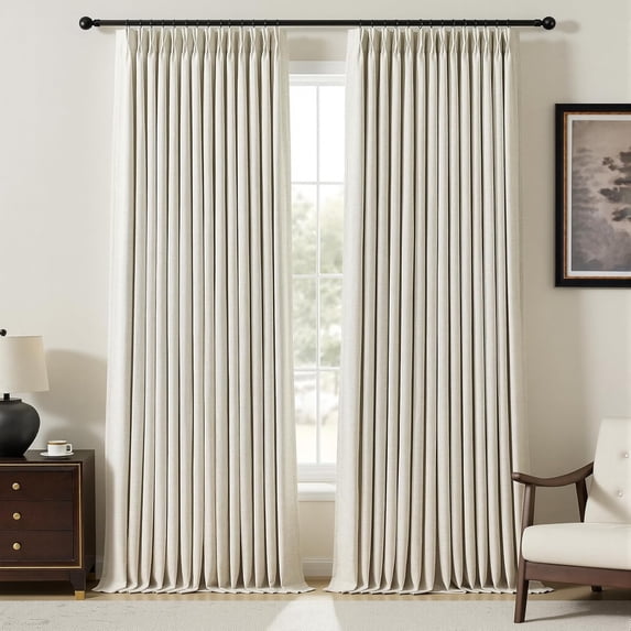 Nalqet 112 inch Pinch Pleated Linen Blackout Curtains 2 Panels Natural, 100% Black out, Thermal Insulated, Pleated Window Drapes with Rings Hooks, for Bedroom Living Room