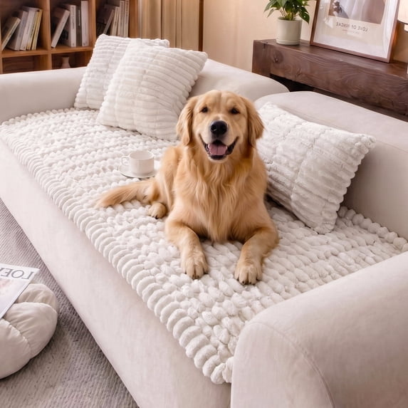 Nalqet 27.6×47.2 inch Plush Sofa Slipcovers Honeycomb Pattern for 2 Cushion Couches – Washable Fuzzy Non Slip Furniture Protector Couch Cover for Pets and Dogs Cats, Beige White