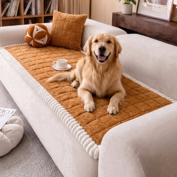 Nalqet 27.6×59.06 inch Plush Sofa Slipcovers Checkered Pattern for 2 Cushion Couches – Washable Fuzzy Non Slip Furniture Protector Couch Cover for Pets and Dogs Cats, Orange