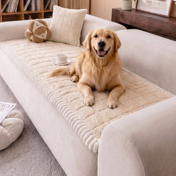 Nalqet 27.6×59.06 inch Plush Sofa Slipcovers Checkered Pattern for 2 Cushion Couches – Washable Fuzzy Non Slip Furniture Protector Couch Cover for Pets and Dogs Cats, Beige White