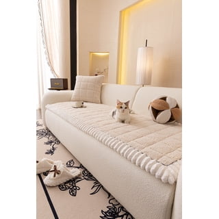 Nalqet 27.6×59.06 inch Plush Sofa Slipcovers Checkered Pattern for 2 Cushion Couches – Washable Fuzzy Non Slip Furniture Protector Couch Cover for Pets and Dogs Cats, Beige White