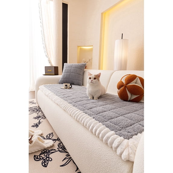 Nalqet 27.6×70.9 inch Plush Sofa Slipcovers Checkered Pattern for 2 Cushion Couches – Washable Fuzzy Non Slip Furniture Protector Couch Cover for Pets and Dogs Cats, Grey