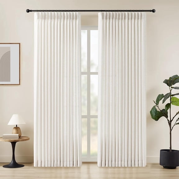 Nalqet Pinch Pleated Linen Curtains 84 inch Length 2 Panels Set, Light Filtering Linen Blend Sheer Drapes Memory Trained Pleated Curtain Back Tab with Hooks Rings for Living Room Bedroom, Beige White