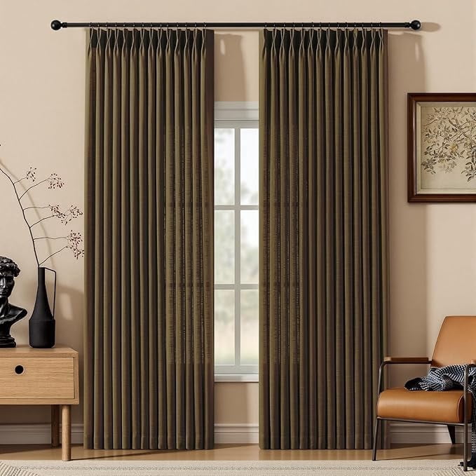 Nalqet Pinch Pleated Linen Curtains 84 inch Length 2 Panels Set, Light Filtering Linen Blend Sheer Drapes Memory Trained Pleated Curtain Back Tab with Hooks Rings for Living Room Bedroom, Chocolate