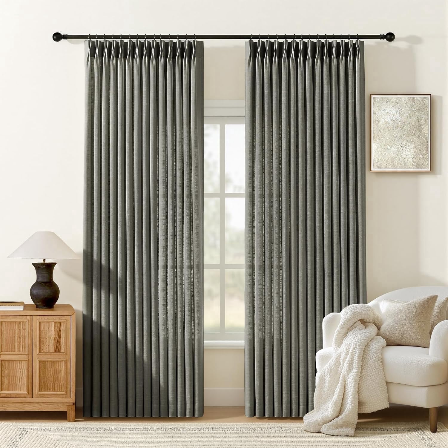 Nalqet Pinch Pleated Linen Curtains 84 inch Length 2 Panels Set, Light Filtering Linen Blend Sheer Drapes Memory Trained Pleated Curtain Back Tab with Hooks Rings for Living Room Bedroom, Dark Grey