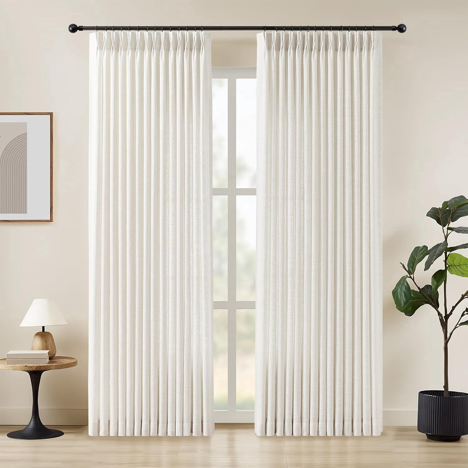 Nalqet 40*90 inch 2 Panels Pinch Pleated Linen Curtains, Light Filtering Linen Blend Sheer Drapes Memory Trained Pleated Curtain Back Tab with Hooks Rings for Living Room Bedroom Office, Beige White