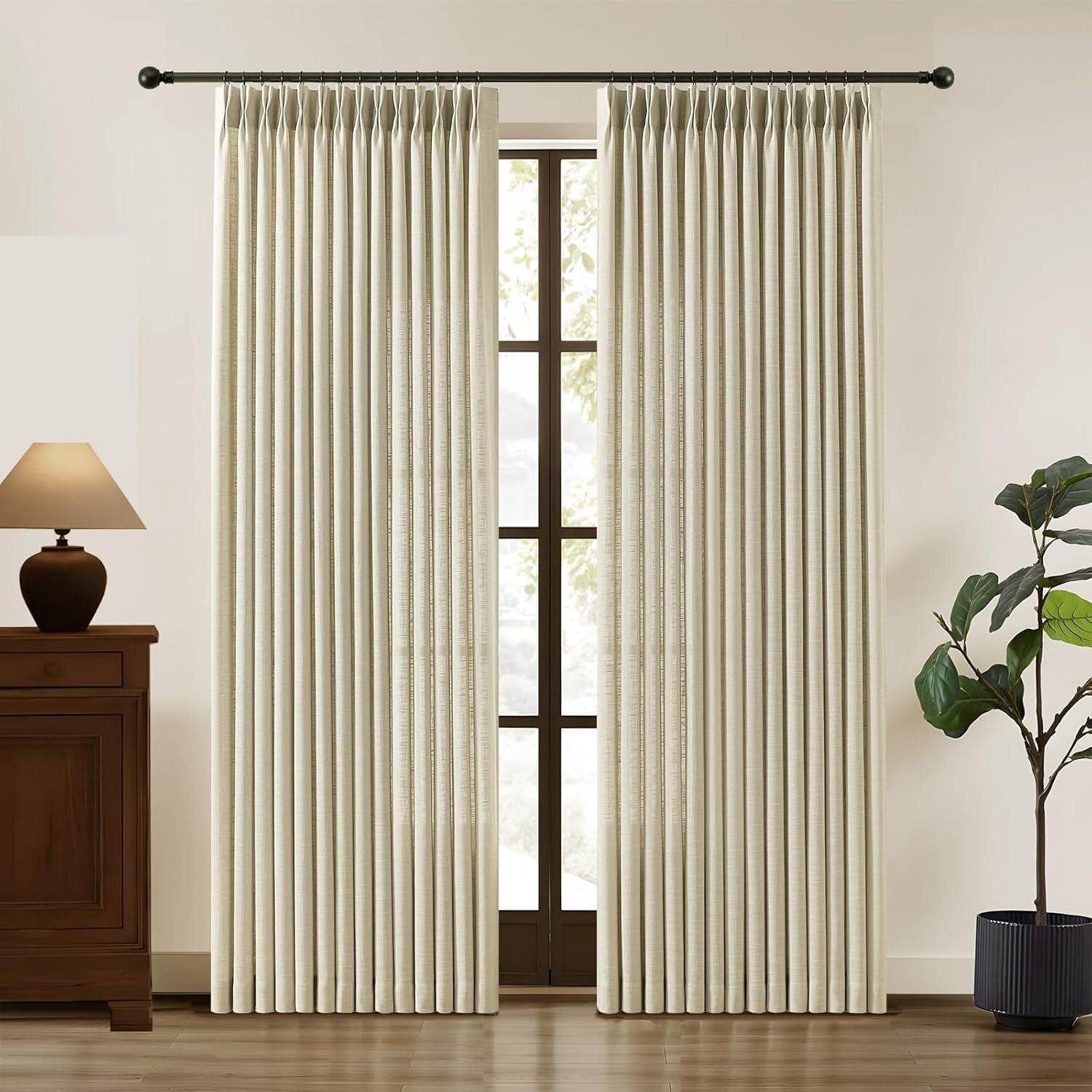 Nalqet Pinch Pleated Linen Curtains 90 inch Length 2 Panels Set, Light
