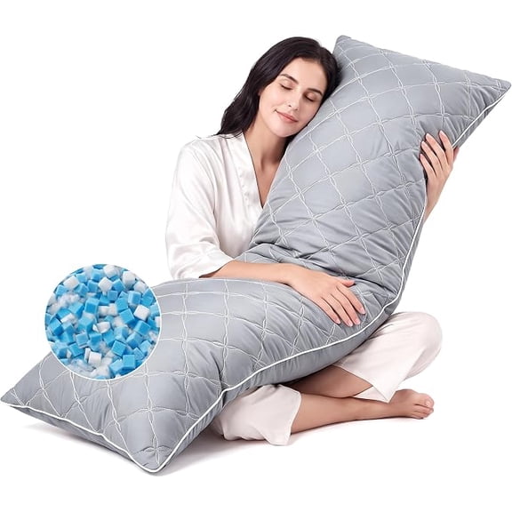 Nalqet Petal Pattern Quilted Body Pillow, 20ร54 inch Shredded Blue Memory Foam Filled Long Pillow for Bed, Couch, Living Room, Light Grey