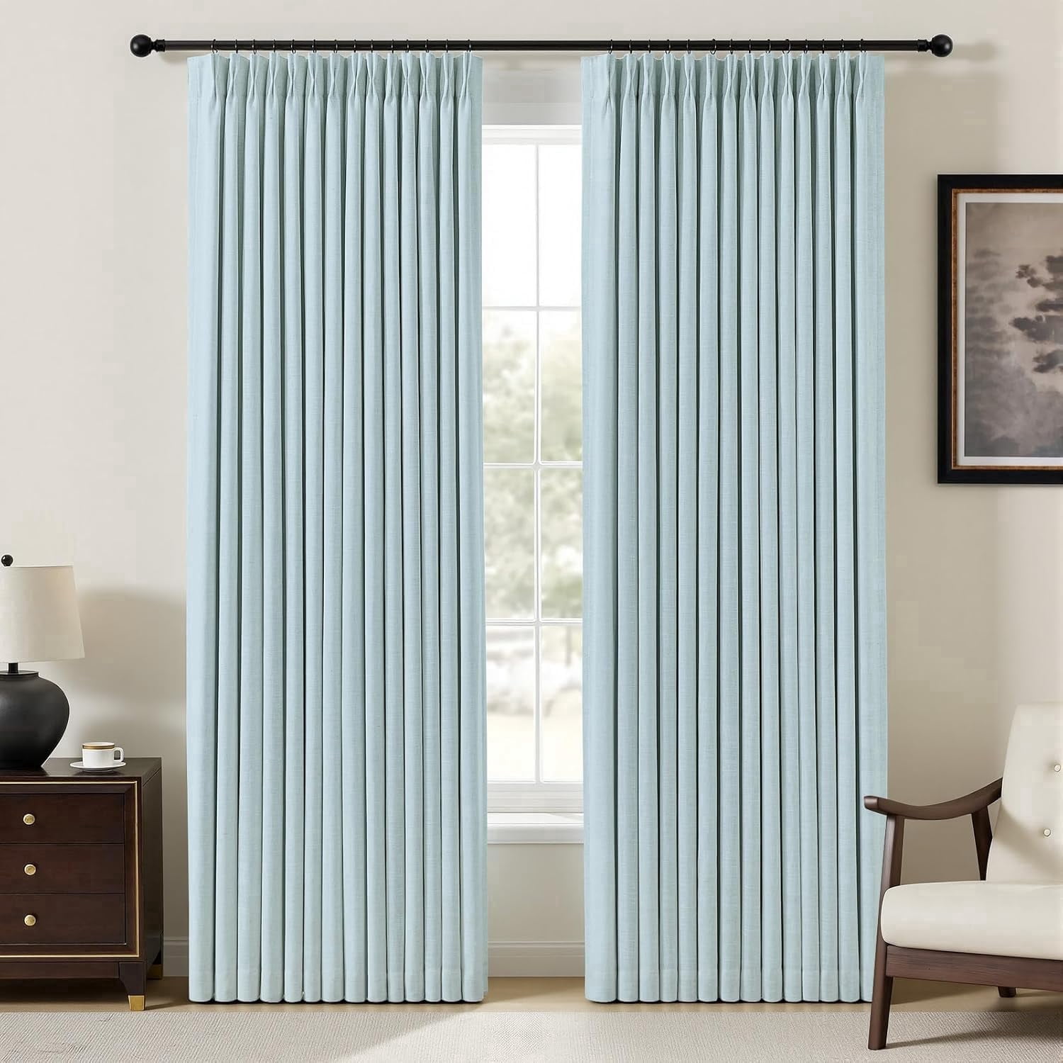 Nalqet Linen Pinch Pleated Full Blackout Curtains for Bedroom - 2 Pages Black Out Blue Curtains 90 Inch Long 2 Panel for Living Room Darkening Thermal Window Curtain Drapes with 16pc Hooks