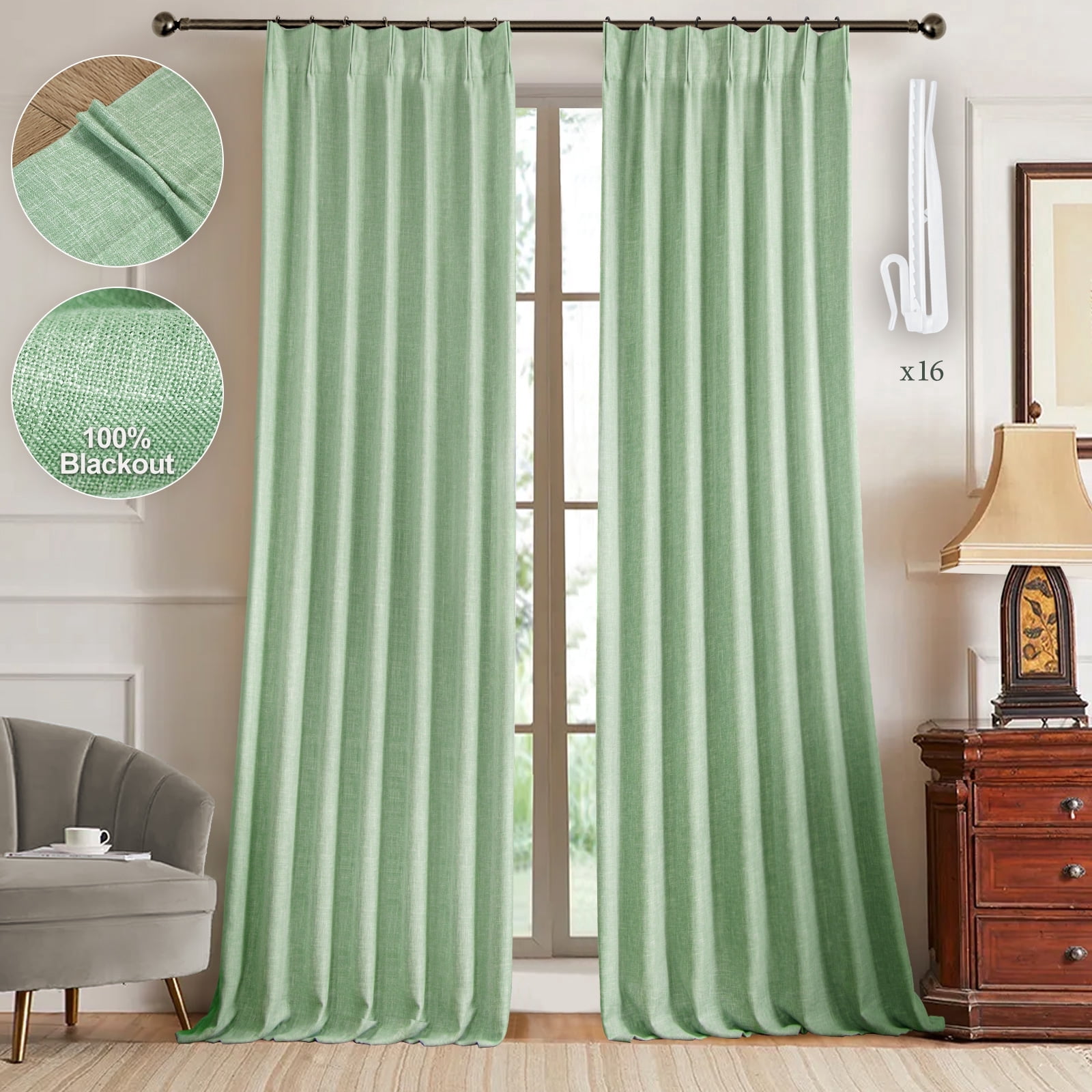 Nalqet Linen Pinch Pleated Full Blackout Curtains for Bedroom - 2 Pages Black Out Grass Green Curtains 102 Inch Long 2 Panel for Living Room Darkening Thermal Window Curtain Drapes with 16pc Hooks