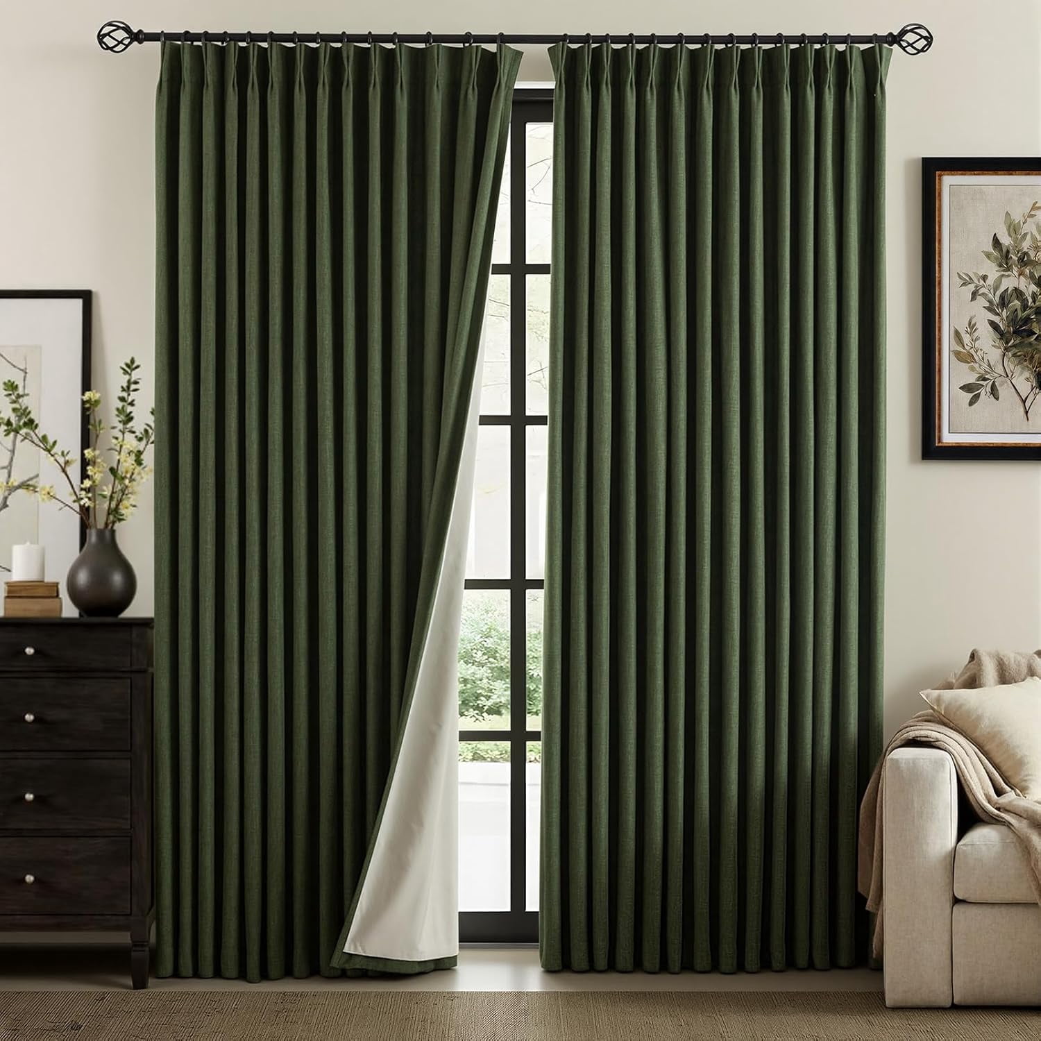 Nalqet Linen Pinch Pleated Full Blackout Curtains for Bedroom - 2 Pages Black Out Olive Green Curtains 84 Inch Long 2 Panel for Living Room Darkening Thermal Window Curtain Drapes with 16pc Hooks