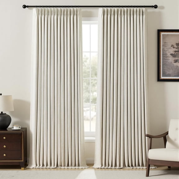 Nalqet Pinch Pleated Linen Curtains 100% Blackout 108 Inches Long for Living Room Bedroom, Thermal Insulated Room Darkening Window Drapes with Rings Hooks, 2 Panels, Natural, 40"Wx108"L