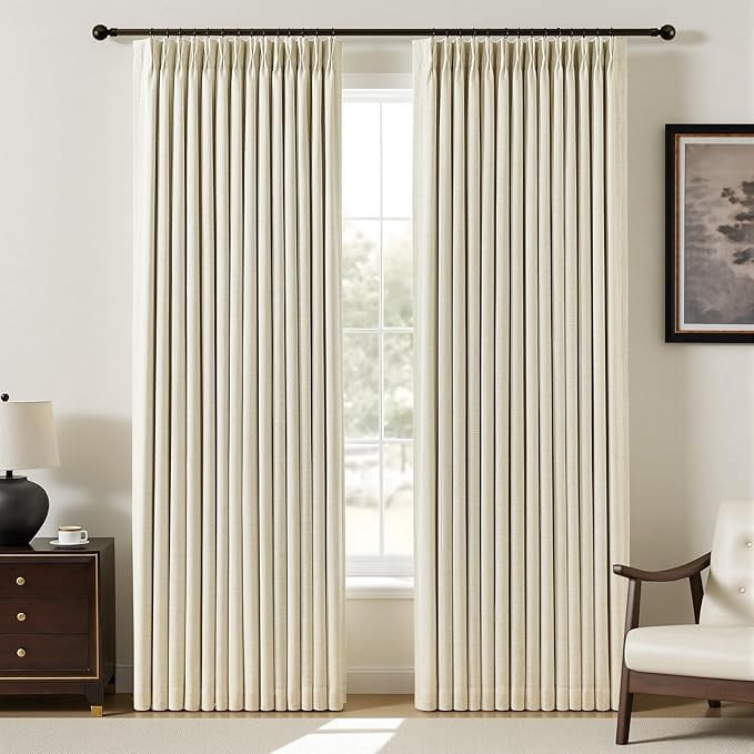Nalqet Pinch Pleated Linen Curtains 100% Blackout 90 Inches Long for Living Room Bedroom, Memory Trained Thermal Insulated Room Darkening Window Drapes with Rings Hooks, 2 Panels, Cream, 40"Wx90"L