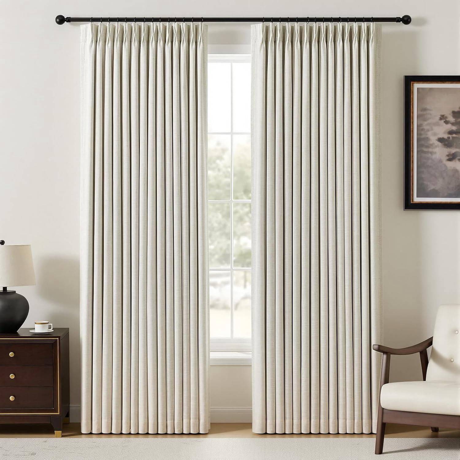 Nalqet Pinch Pleated Linen Curtains 100% Blackout 90 Inches Long for Living Room Bedroom, Thermal Insulated Room Darkening Window Drapes with Rings Hooks, 2 Panels, Natural, 40"Wx90"L