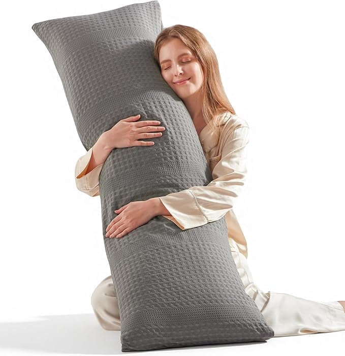 Nalqet Waffle Textured Decorative Lumbar Pillow 20x54 inch – Soft Polyester Long Throw Pillow for Sofa, Bed & Couch, Grey