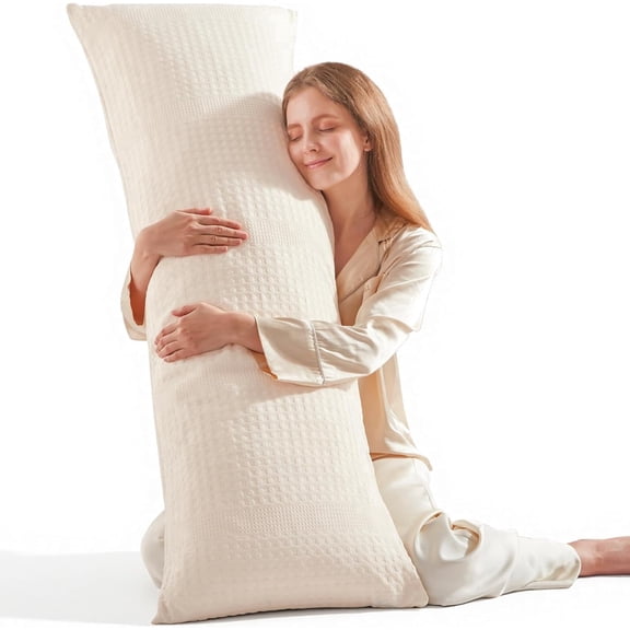 Nalqet Waffle Weave Body Pillow Decorative Lumbar Pillow 20x54 inch – Soft Polyester Memory Foam Long Pillow for Side Sleepers, Washable, Beige