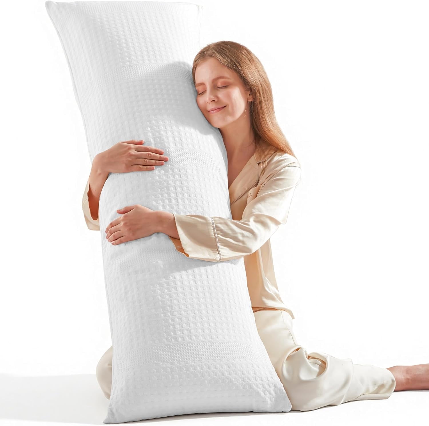 Nalqet Waffle Textured Decorative Lumbar Pillow 20x54 inch – Soft Polyester Long Throw Pillow for Sofa, Bed & Couch, White