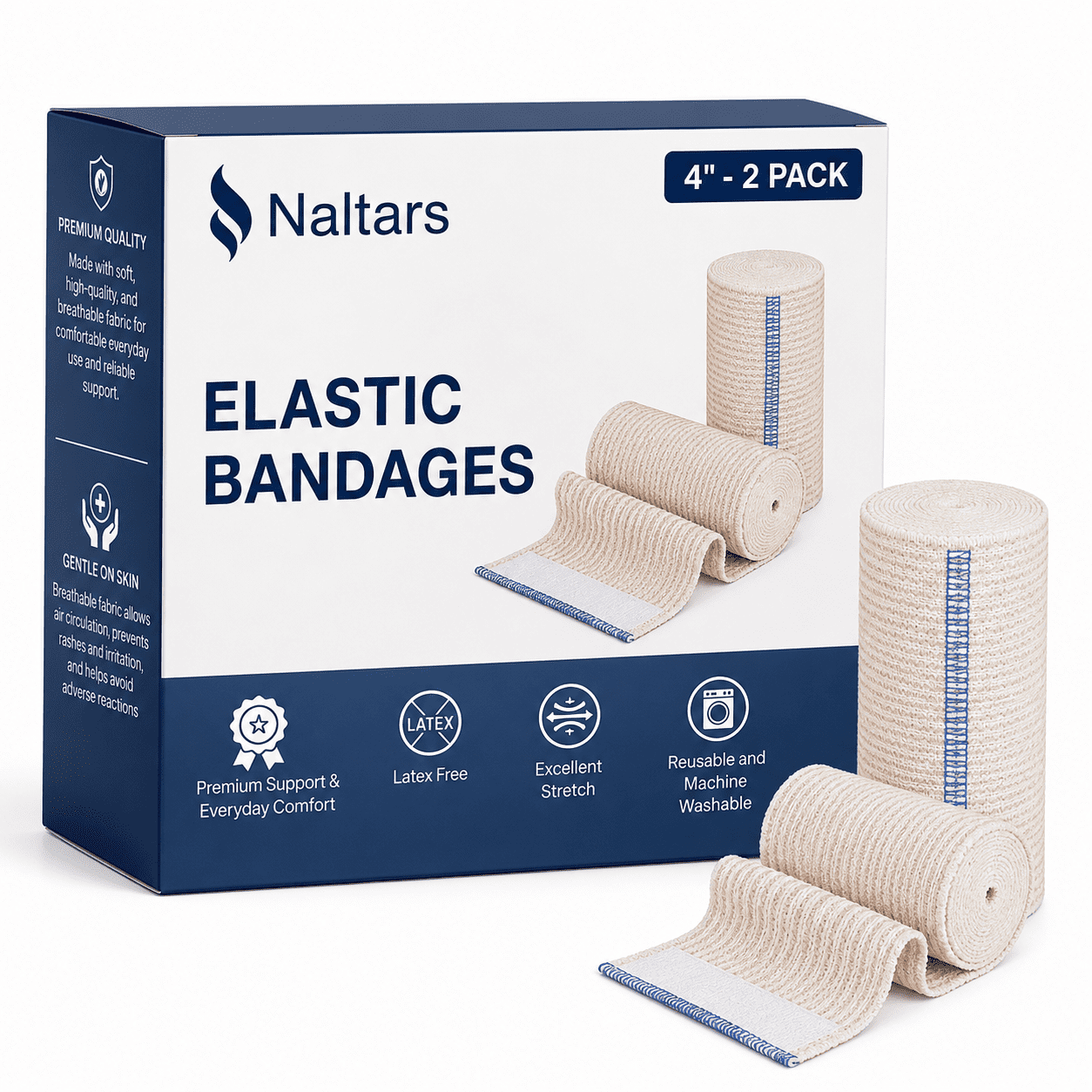 Naltars 2 Pack Cotton Elastic Bandage | Ace Wrap with Velcro 4 inch Hook and Loop Closure | Reusable Compression Bandage