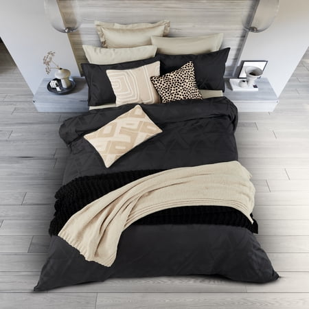 Nalu Kalama 3 Piece King Duvet Set, Black, Cotton Sateen, Triangular Pattern