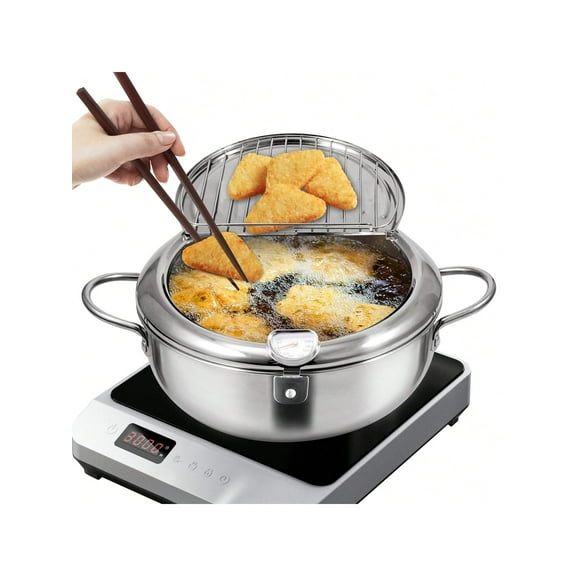 Nalupatio Japanese Style Deep Fryer Pot, 9.4 Inch/3.4 L Tempura Frying Pot With Lid, 304 Stainless Steel, Temperature Control & Oil Drip Rack For Kitchen, French Fries, Chicken