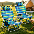 thumbnail image 1 of Nalwort 2 Pack Camping Chairs , Beach Chairs for Adults, 5 Position Lay Flat Folding Chairs with Headrest Cup Holder, Blue Stripes, 1 of 8