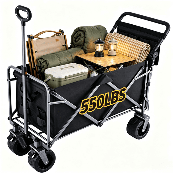 Nalwort Collapsible Wagon, 550LBS Heavy Duty Foldable Wagon Cart with Big All-Terrain Wheels Heavy Duty Utility Carts with Cup Holders,Double headed pushable