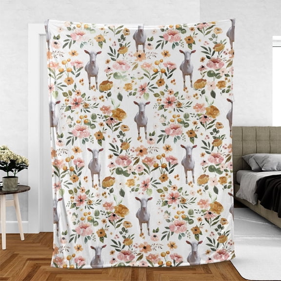 Namashops Blanket - Saanen Goat Floral Pattern Blanket, 30x40in Fleece Blanket