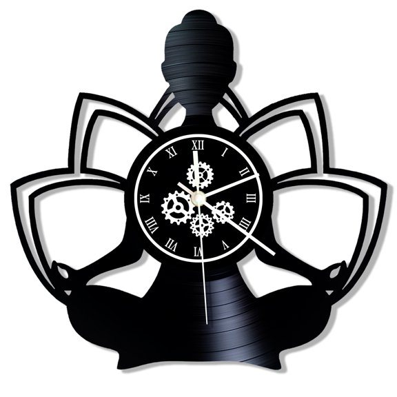 Namaste Yoga Pose with Lotus Flower Vinyl Record Wall Clock for Yoga Room Minimalist Zen Meditation Home Decor Silent Sweep Timepieces Spiritual Healing Art Clock Workout Asana Gift