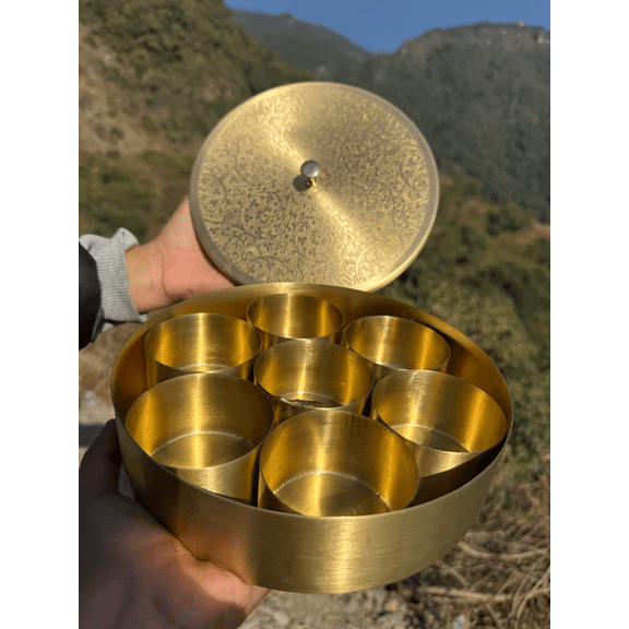 NamasteHimalayas Round Brass Hand-Carved Spice Box  Traditional Kitchen Decor