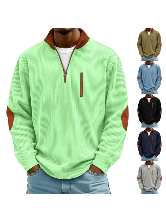 Men's Corduroy Stand Collar Half Zip Elbow Patch Ribbed Long Sleeve Casual Pullover Shirts Autumn Winter City Street Daily Layer TopsM