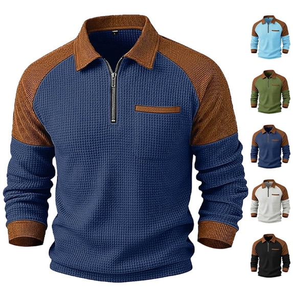 Namayuj Men's Cotton Waffle Knit Color Block Corduroy Collar Half Zip Golf Sweatshirts Weekend Shopping Coffee Meet Daily OutfitM