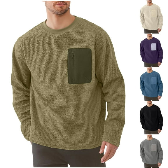 Namayuj Men's Fleece Sweatshirts Fall Solid Color Round Neck Sweatshirt Oversized Pullover Tops Workout Warm Long Sleeve T-shirts